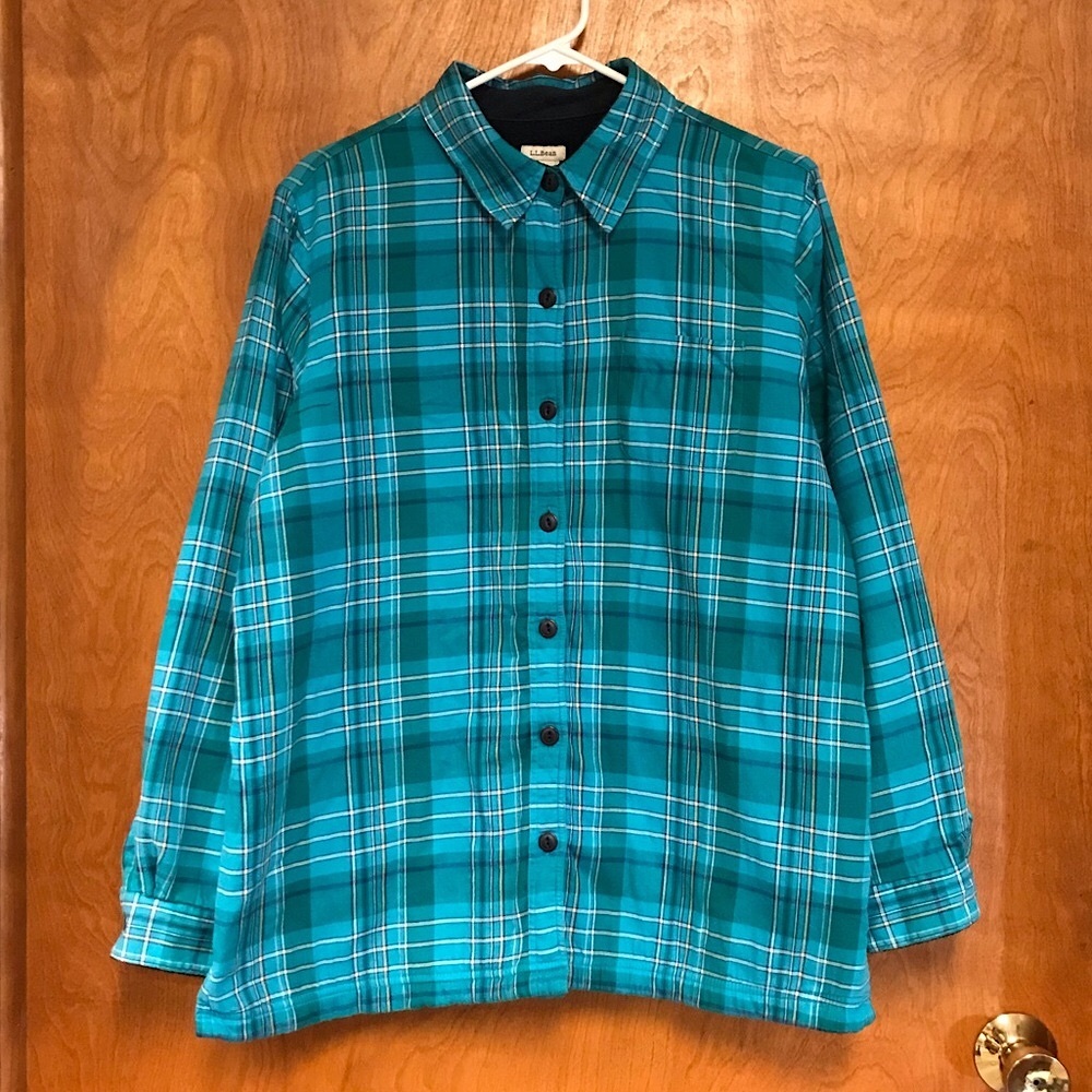 L.L. Bean Women’s Plaid Flannel Shacket Turquoise Fleece Lined Size L